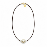 Large South Sea Pearl on Stitched Leather Choker | 15"