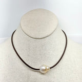Large South Sea Pearl on Stitched Leather Choker | 15"