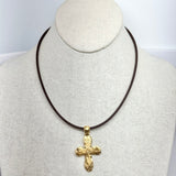 Plated and Hammered Cross on Leather Choker | 17"