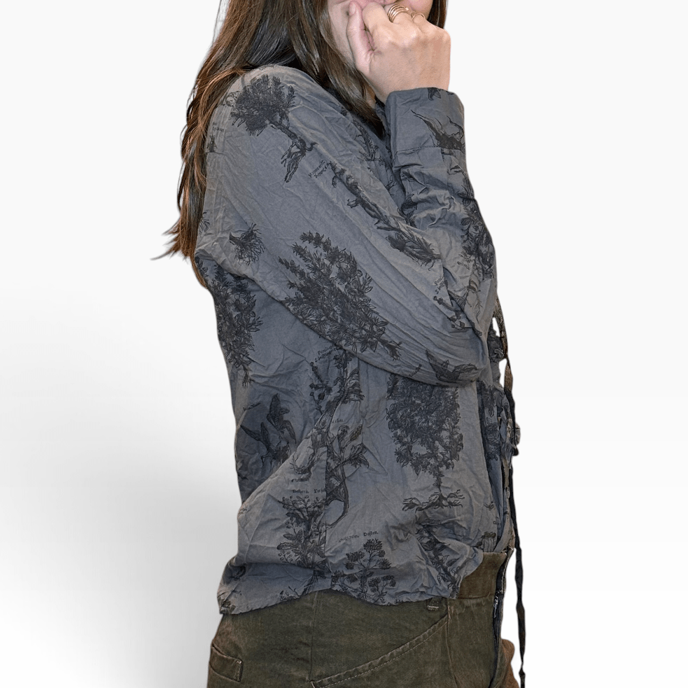 PDC - Relax Herbal Print Ruffle Collarless Blouse | Charcoal