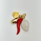 Chili Pepper, Gold Puca Shell, and Semi-Precious Conch Shell Charm Cluster
