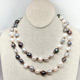 Tri-Colored Small Baroque Pearl on Leather Sautoir Necklace | 40"-45"