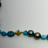 19” Turquoise and Tahitian Pearl w/ 18k Gold Necklace