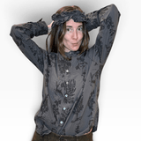 PDC - Relax Herbal Print Ruffle Collarless Blouse | Charcoal