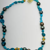 19” Turquoise and Tahitian Pearl w/ 18k Gold Necklace