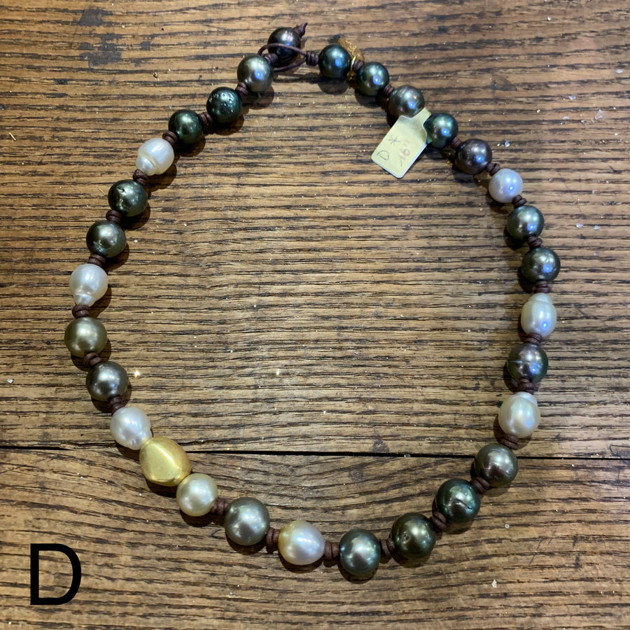 Choker | Tahitian Pearls, 18K Gold Nugget | Dark Brown Leather