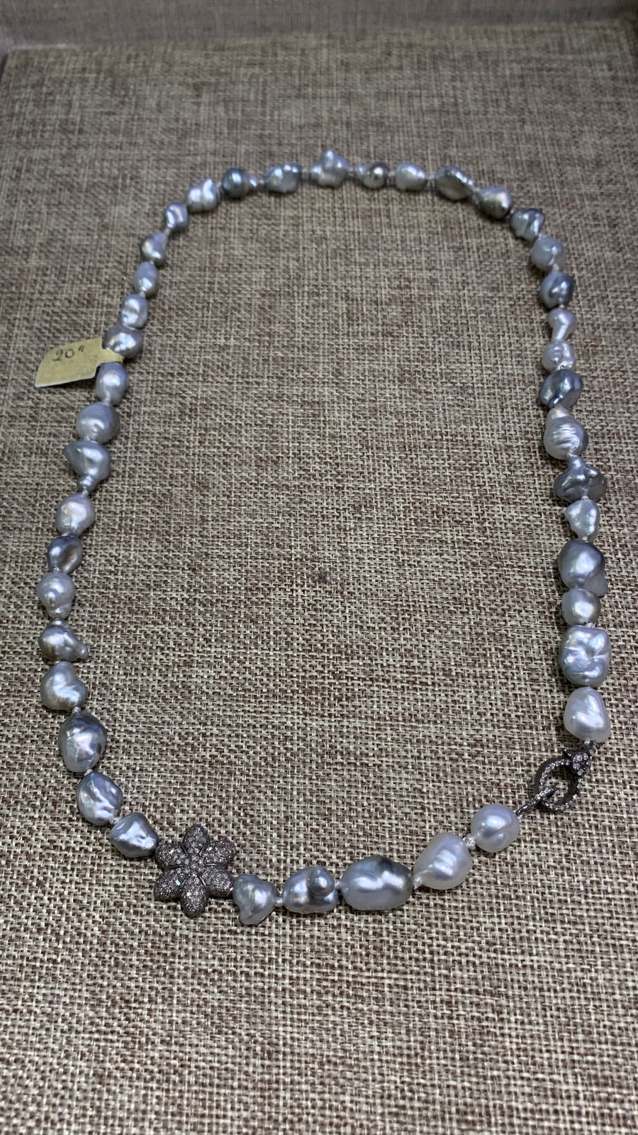 Mid-length | Keshi Pearls w/ Diamond Flower & Clasp | 20”