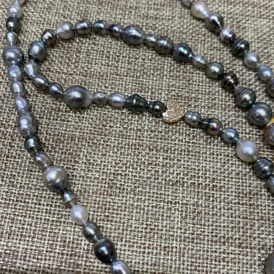 Mid-length | Tahitian Keshi Pearls w/ Gold/Diamond Heart | 22”