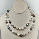Tri-Colored Small Baroque Pearl on Leather Sautoir Necklace | 40"-45"
