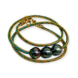 Bracelet | Triple Wrap Tahitian Pearls on Metallic Cord