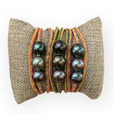 Bracelet | Triple Wrap Tahitian Pearls on Metallic Cord