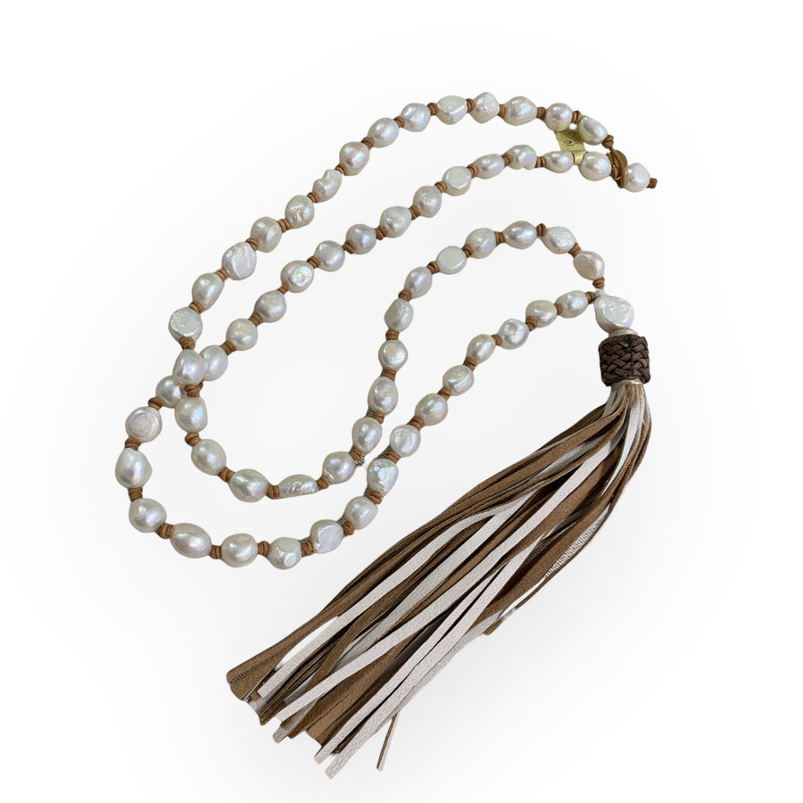 New Indian Necklace | Freshwater Pearls, Large Leather Tassel