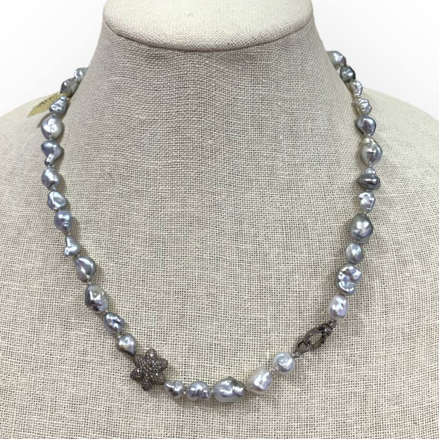 Mid-length | Keshi Pearls w/ Diamond Flower & Clasp | 20”