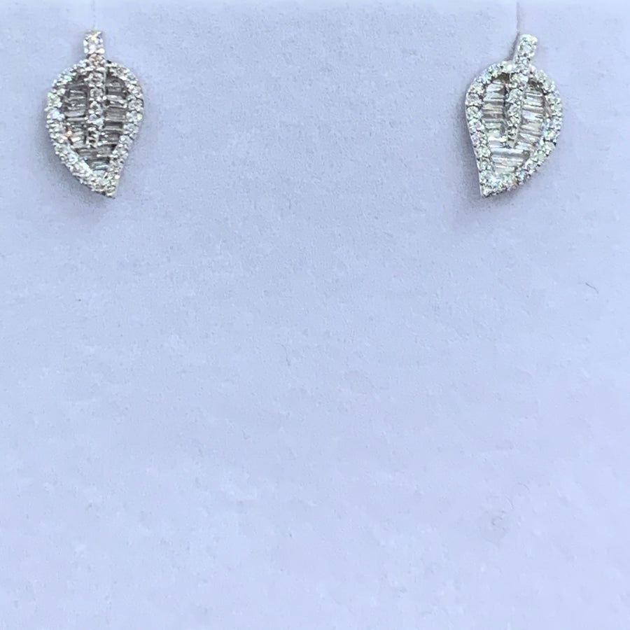 Earrings | 14K White Gold, Baguette Diamonds, Leaf