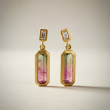 KCTS - Bicolor Tourmaline/Diamond Emerald Cut Bezel Earring | 1.32/0.12ct