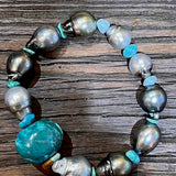 Tahitian Pearls w/ Genuine Turquoise, Larimar on Elastic