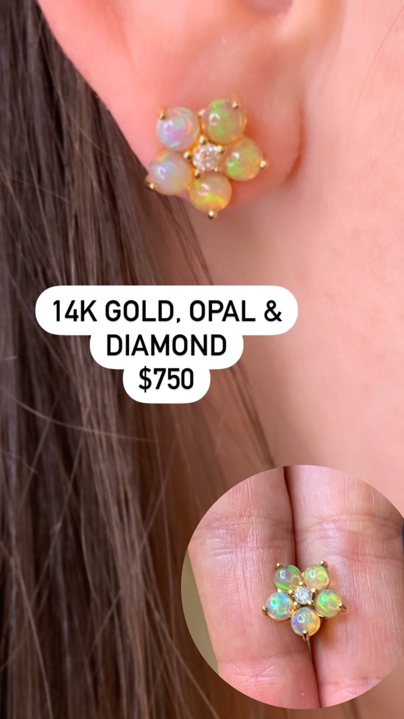 Earrings | 14K Gold, Diamond, Opal Flower