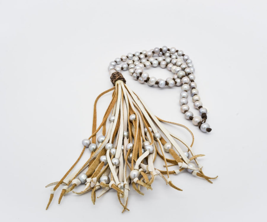 New Indian Necklace | Freshwater Pearls, Large Leather Tassel