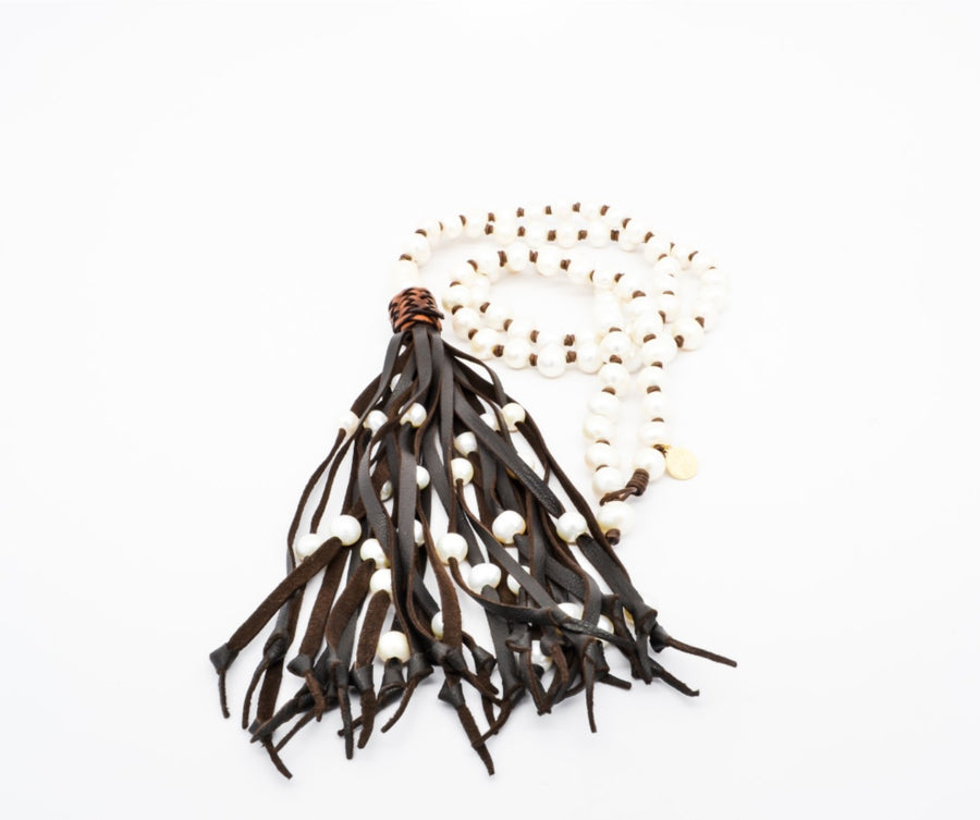 New Indian Necklace | Freshwater Pearls, Large Leather Tassel