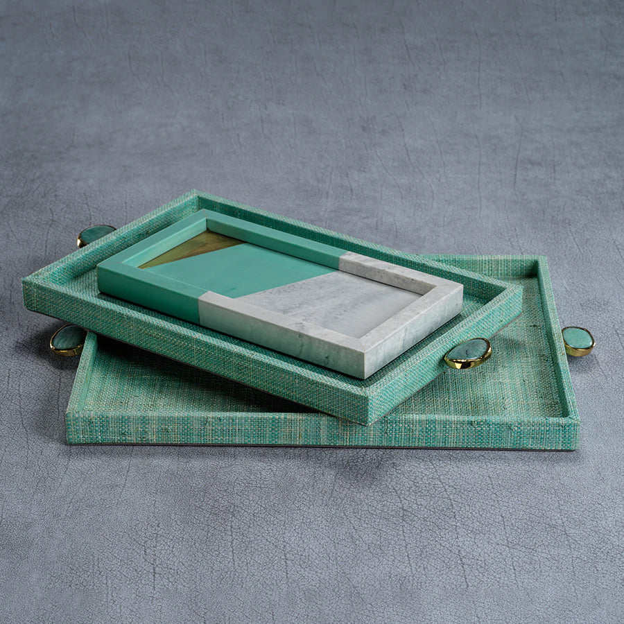 ZX - Raffia Palm Tray w/ Stone Accent Jade | Small