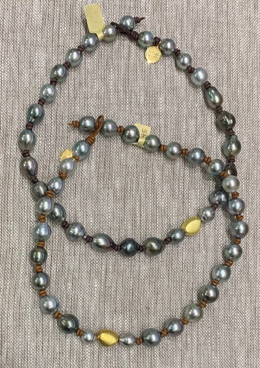 Choker | Tahitian Pearls, 18K Gold Nugget | Whiskey Leather
