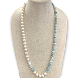 Necklace | Freshwater Pearl, Larimar, Diamond Clasp | 31”