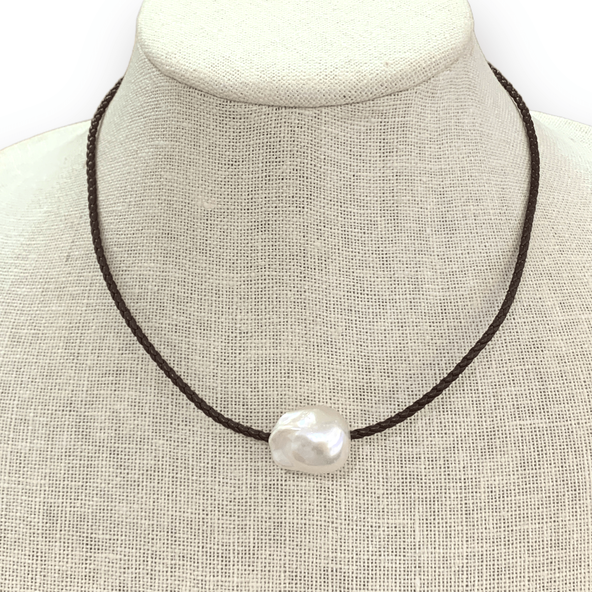 Large Baroque Freshwater Pearl on Braided Leather Choker | 16"