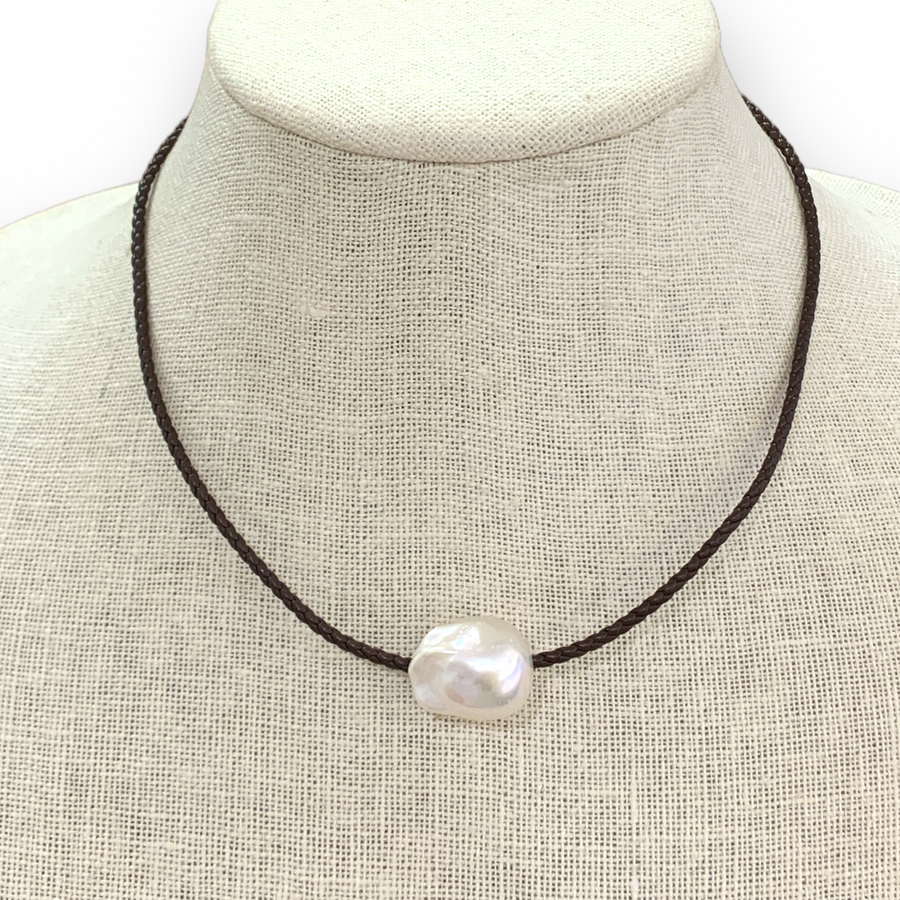 Choker | Large Baroque Freshwater Pearl on Braided Leather