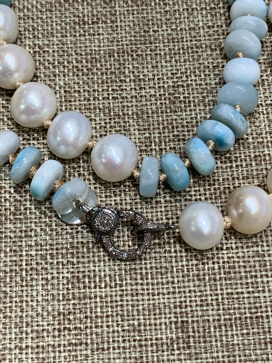 Necklace | Freshwater Pearl, Larimar, Diamond Clasp