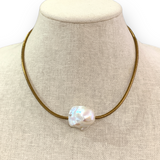 Choker | Large Baroque Freshwater Pearl on Gold Stitched Leather