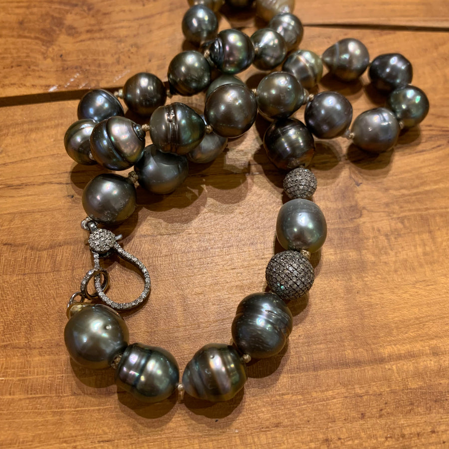 Mid-Length - Tahitian Pearls on Silk, Diamond Balls & Clasp