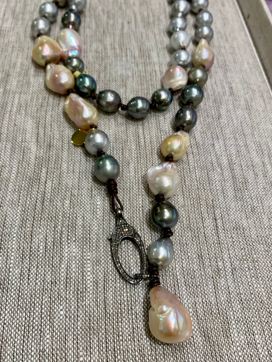 Princess Necklace | Tahitian & Pink Baroque Pearls, Diamond Clasp | 40”