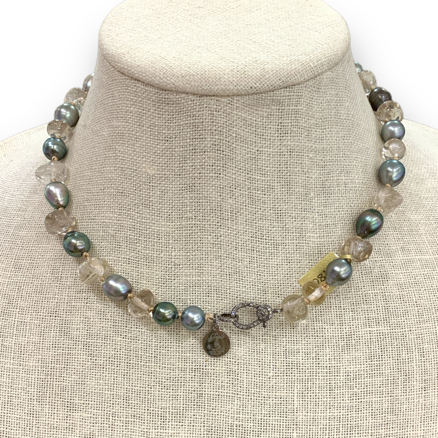 Choker | Tahitian Pearls with Quartz on Silk | 16