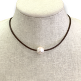 White Edison Pearl on Stitched Leather Choker