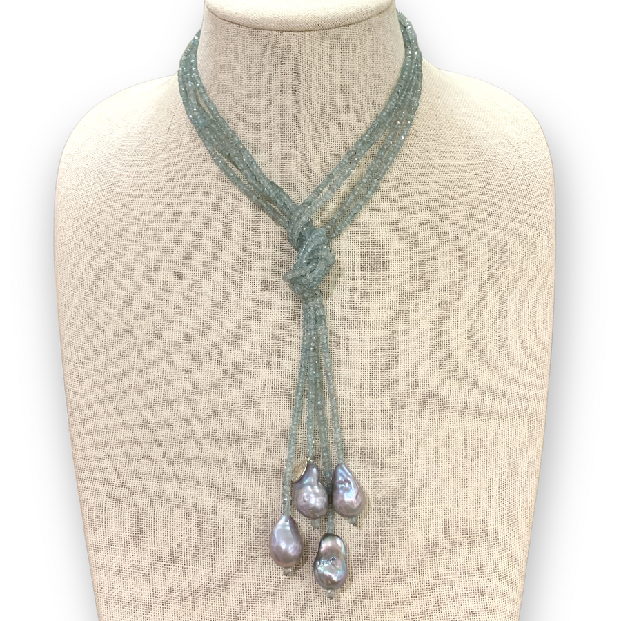 Lariat | Grey Baroque Freshwater Pearls & Blue Zircon